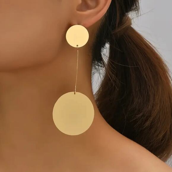 Gold Circle Drop Earrings - Picture 2 of 2